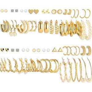 36 Pairs Gold Earrings Set Womens Girls Fashion Pearl Chain Link Stud Dangle